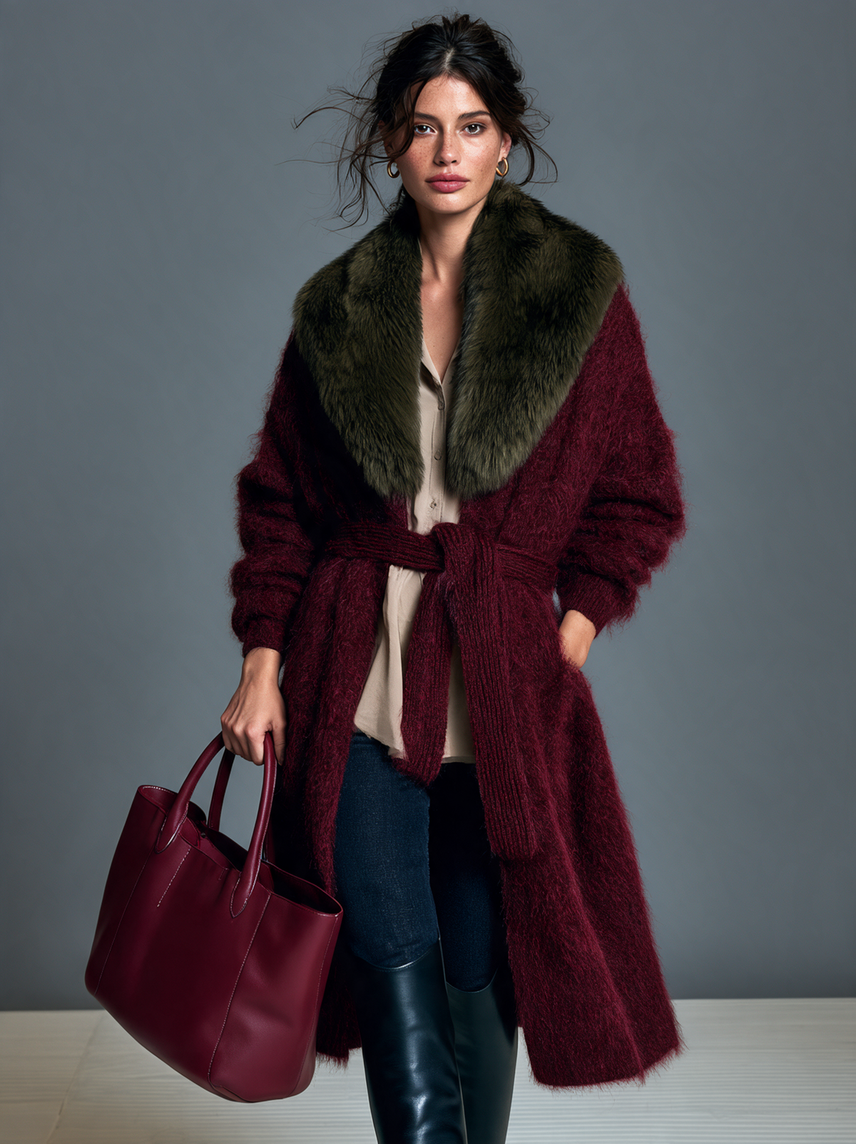 Women's Vintage-style Mohair Belted Cardigan With A Faux-fur Shawl Collar