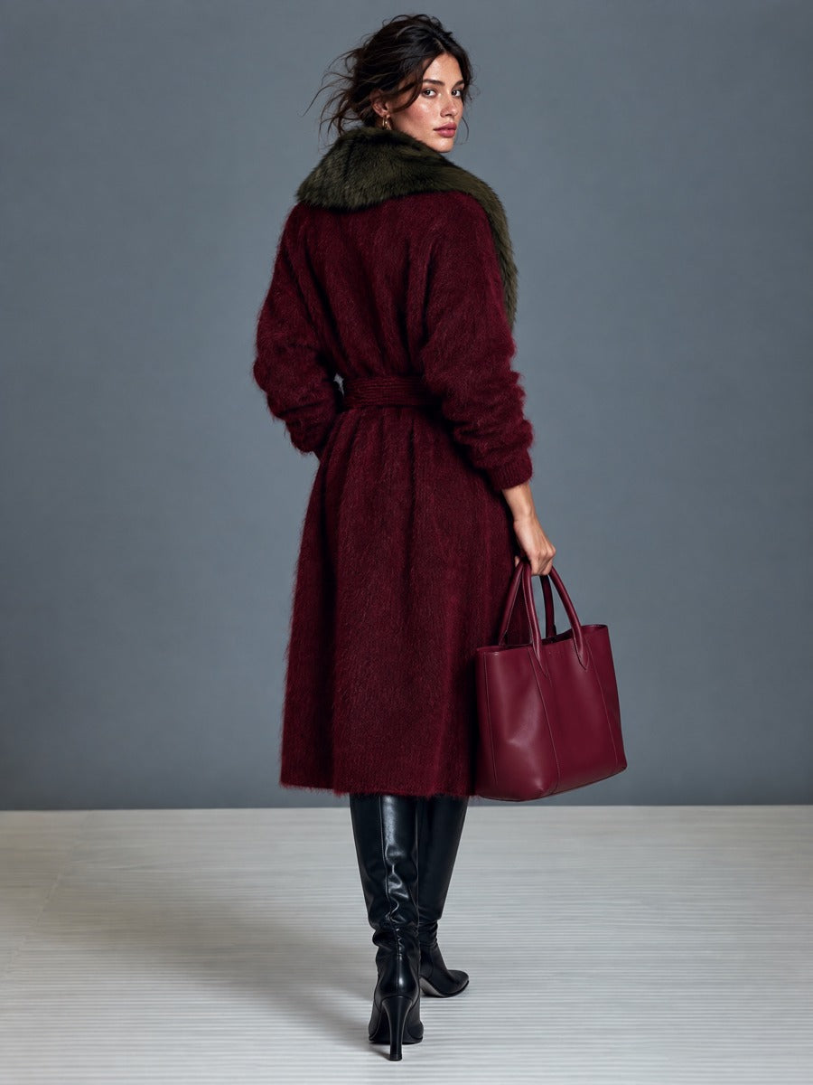 Women's Vintage-style Mohair Belted Cardigan With A Faux-fur Shawl Collar