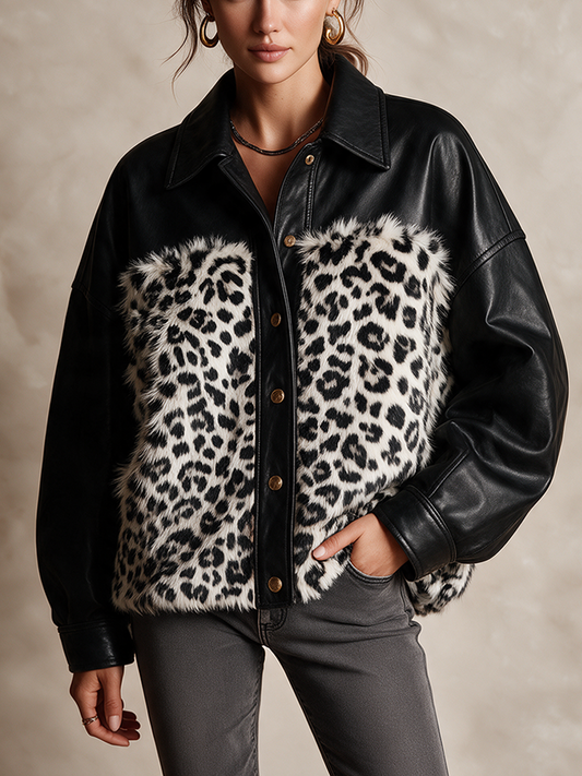 Women's Leather And Leopard-Print Faux Fur Panel Jacket