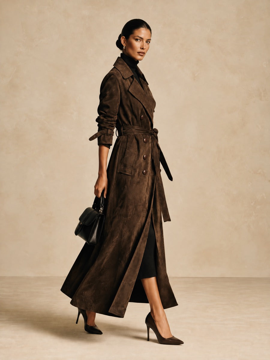Women's Long Double-Breasted Belted Trench Coat