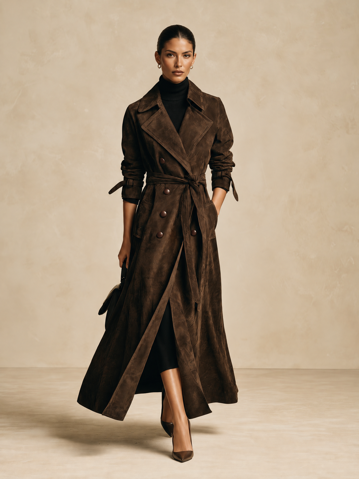 Women's Long Double-Breasted Belted Trench Coat