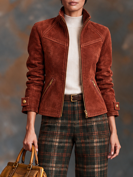 Women's Vintage Suede Zip-Up Jacket With Stand Collar
