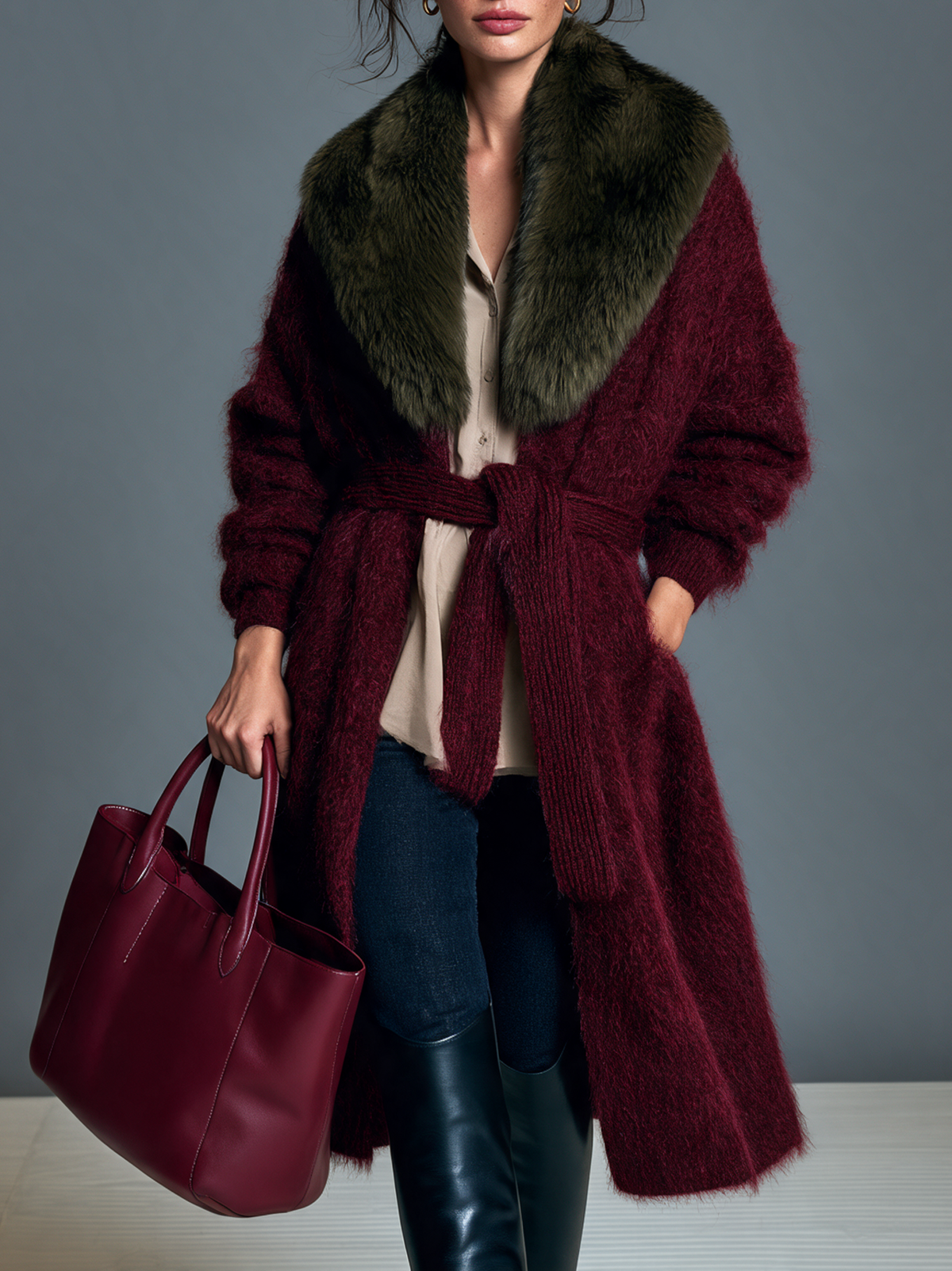 Women's Vintage-style Mohair Belted Cardigan With A Faux-fur Shawl Collar