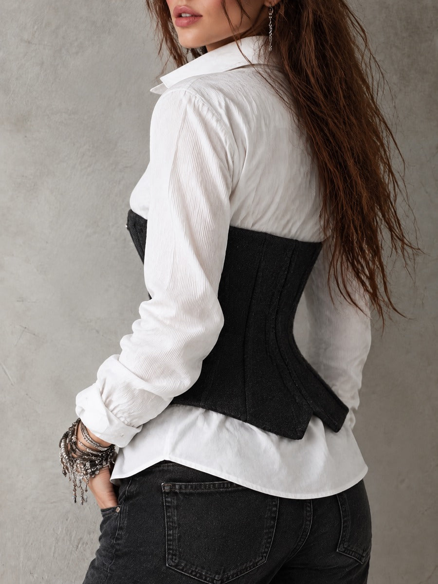 Vintage Asymmetric Buttons Faux-layered Shirt