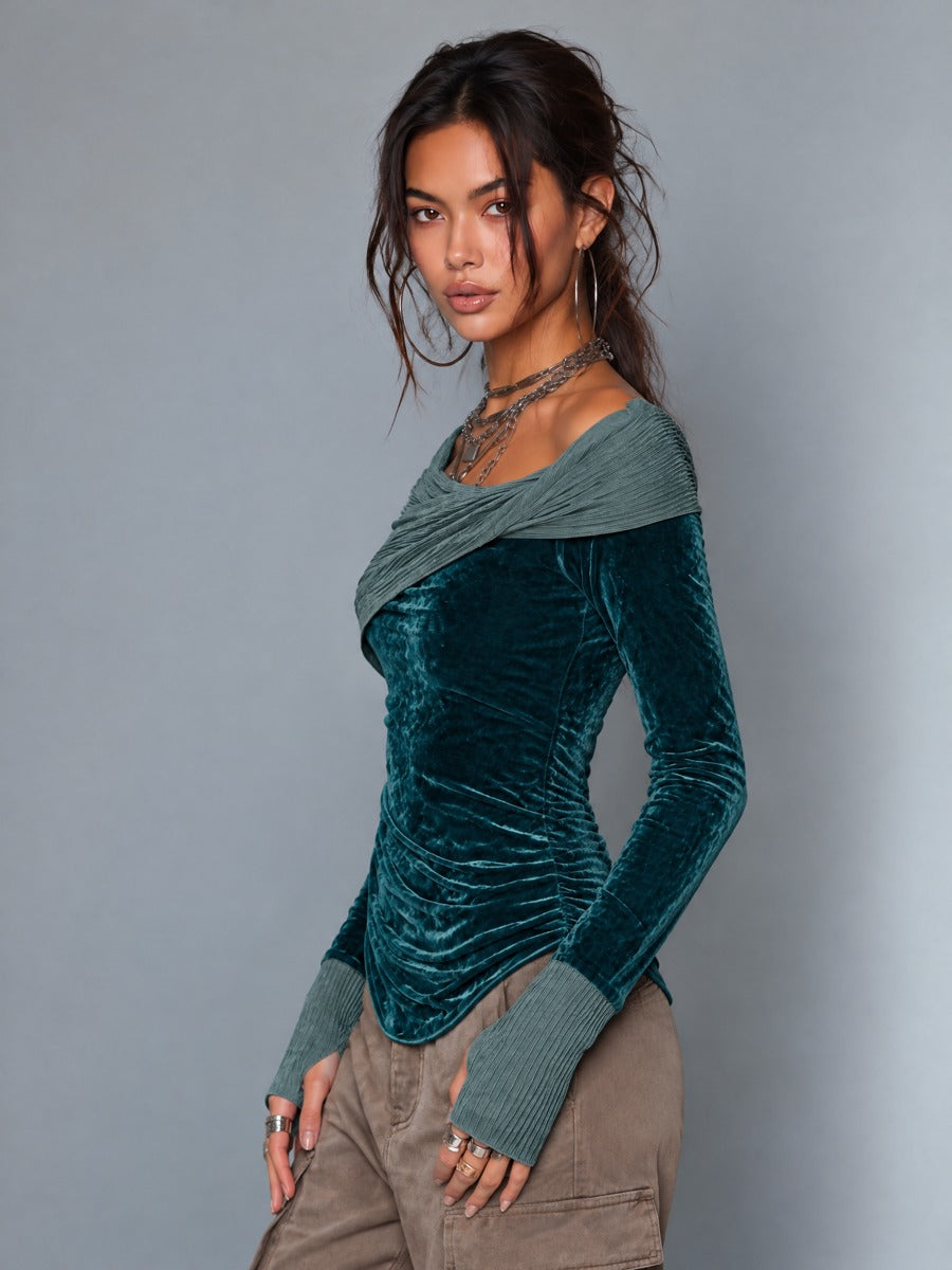 Women's Teal Velvet Asymmetric Wrap Neck Long Sleeve Top With Ribbed Thumbhole Cuffs