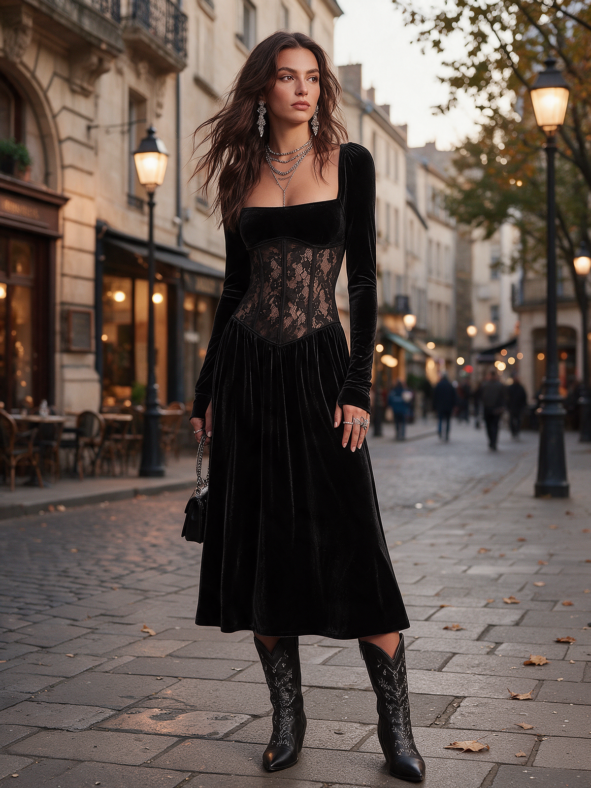 Black Velvet Square Neck Long Sleeve Midi Dress with Sheer Lace Corset Waist