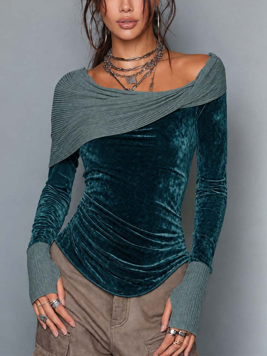 Women's Teal Velvet Asymmetric Wrap Neck Long Sleeve Top With Ribbed Thumbhole Cuffs
