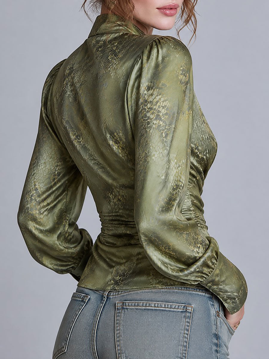 Olive Green Snakeskin Print Satin Long Blouson Sleeves Wrap Blouse with Ruched Front