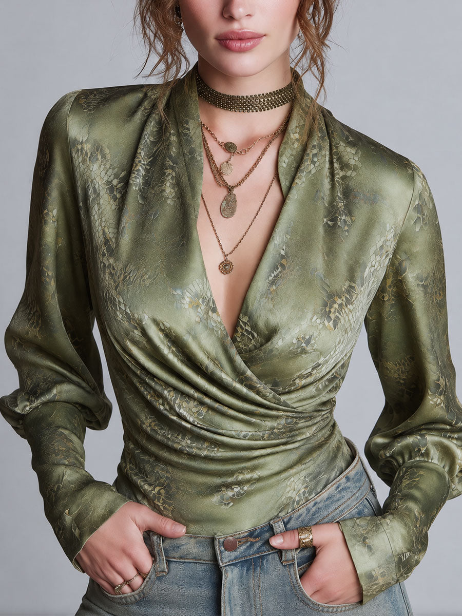 Olive Green Snakeskin Print Satin Long Blouson Sleeves Wrap Blouse with Ruched Front
