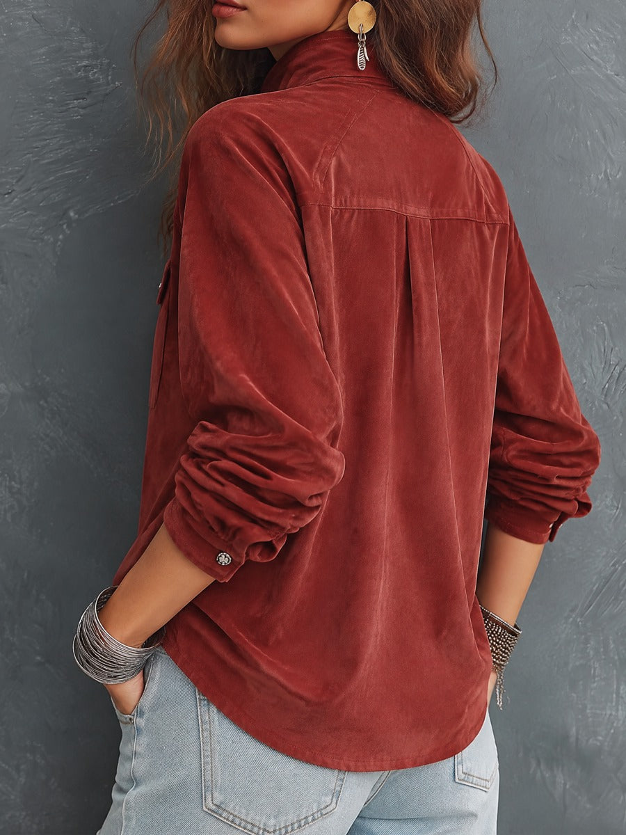 Vintage Stand Collar Half-Button Polyester Suede Pullover Shirt