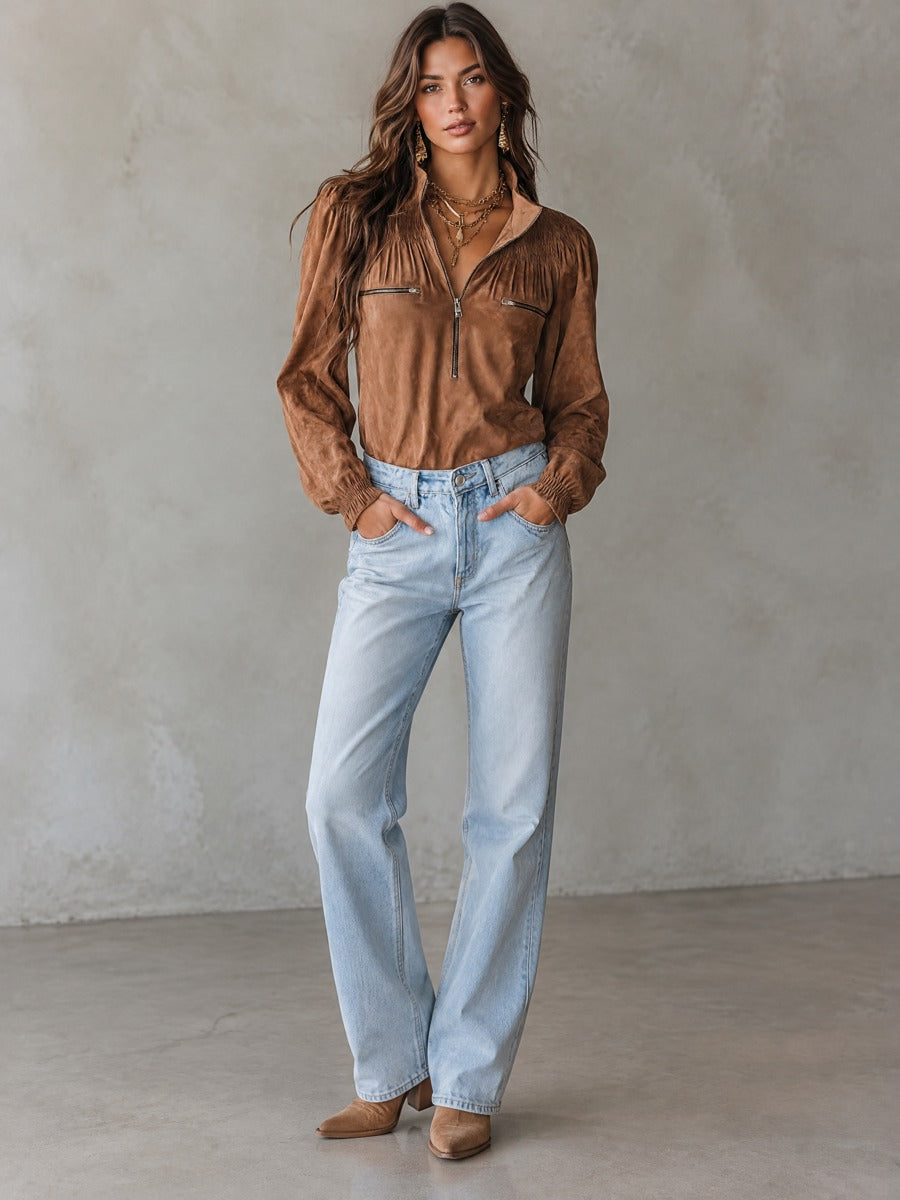Vintage Smocked Yoke Half-Zip Stand Collar Faux Suede Blouse