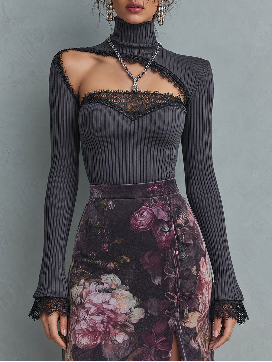 Women's Ribbed Knit Asymmetric Cutout Turtleneck Sweater with Lace Trim