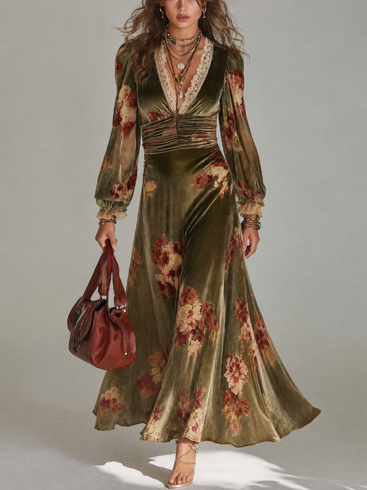 Lace V-Neck Floral Print Polyester Velvet Maxi Dress