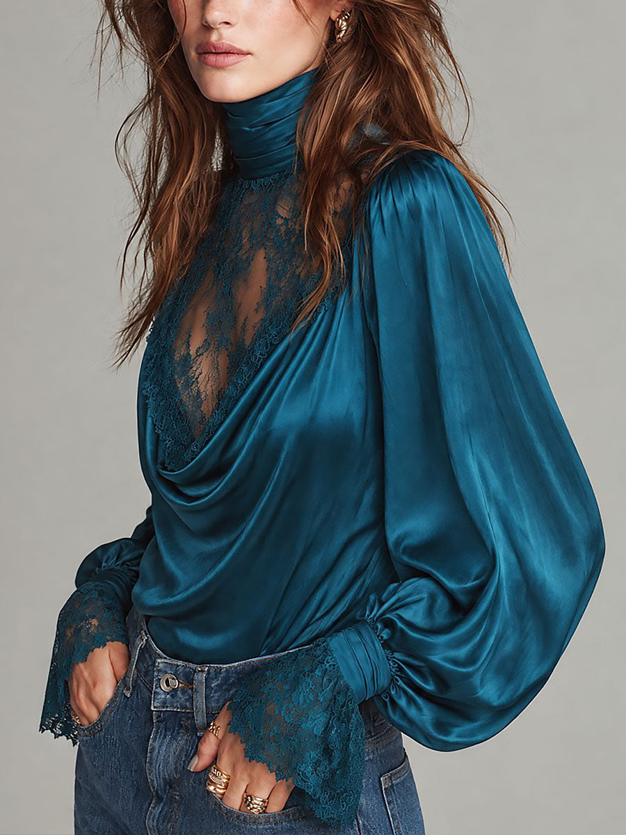 Retro Satin Lace Panel Mock Neck Balloon Sleeve Blouse