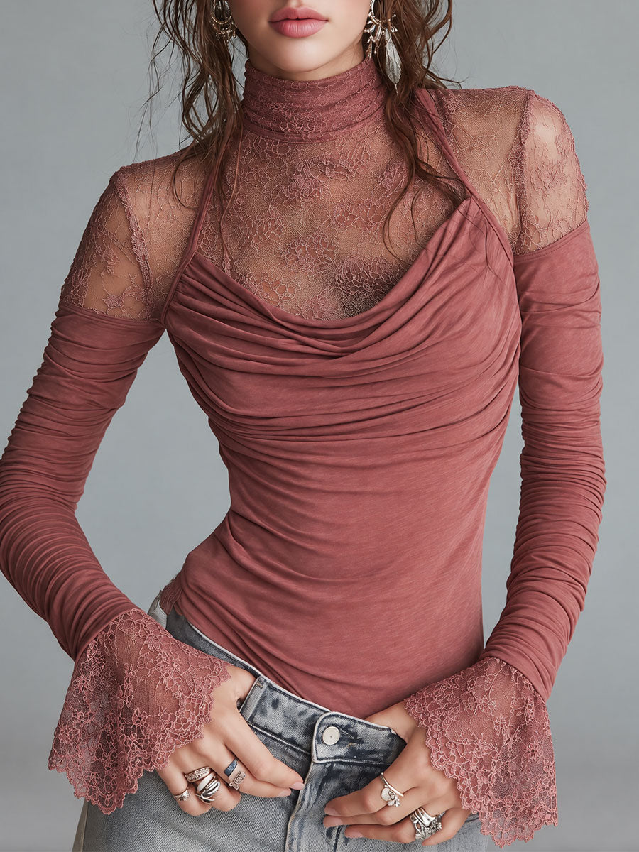 Stylish Dusty Rose Lace Mock Neck Ruched Top with Flared Lace Cuffs