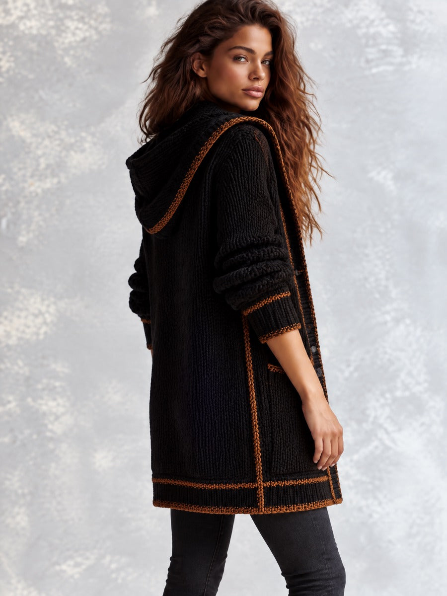 Retro Black Knit Hooded Longline Pockets Cardigan With Contrast Brown Trim