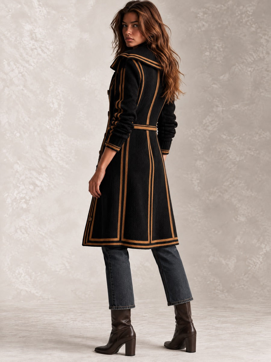 Retro Black Knit Long Tailored Cardigan Coat WithContrast Trim