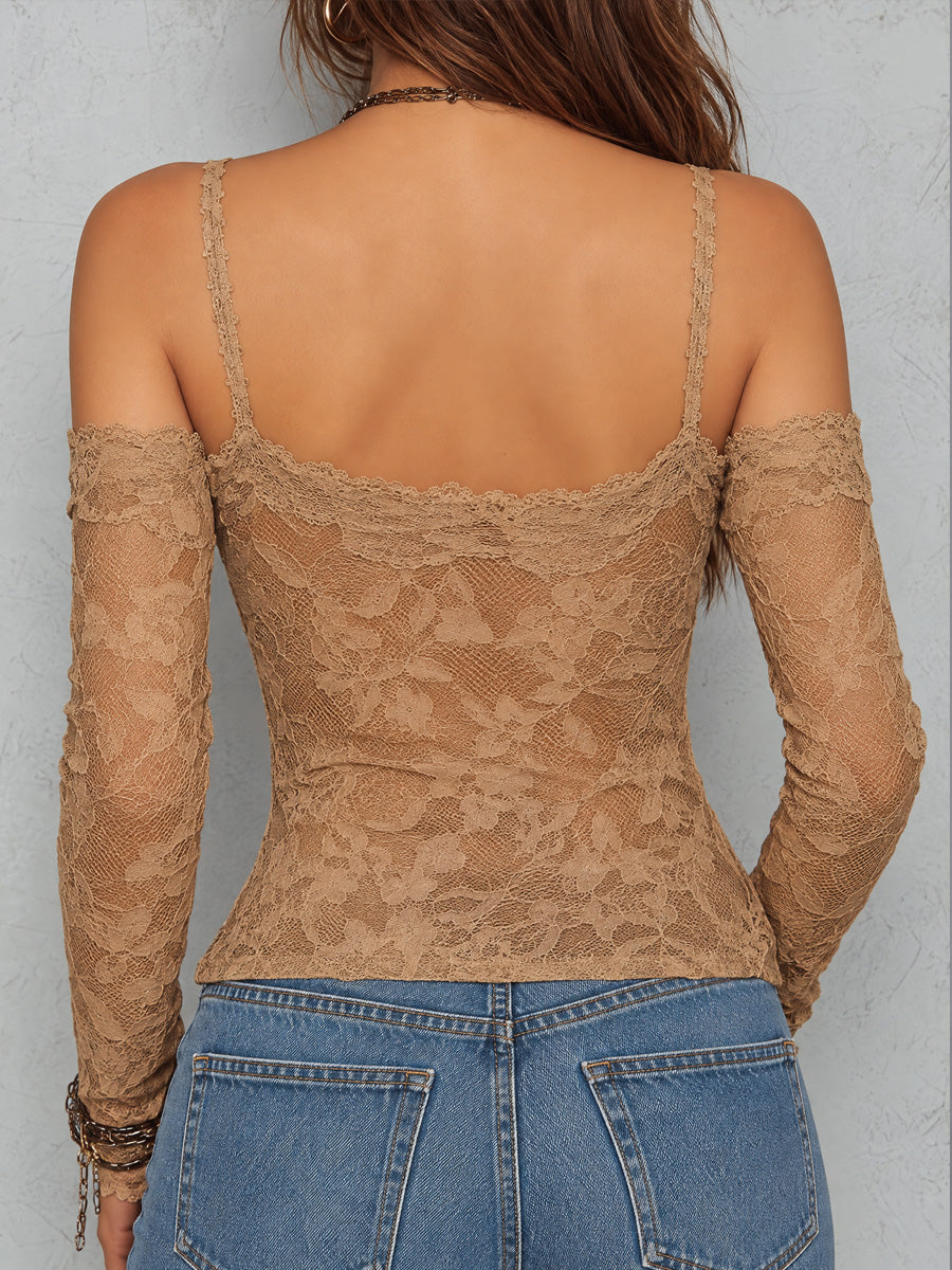 Vintage Floral Lace Off-Shoulder Long Sleeve T-shirt