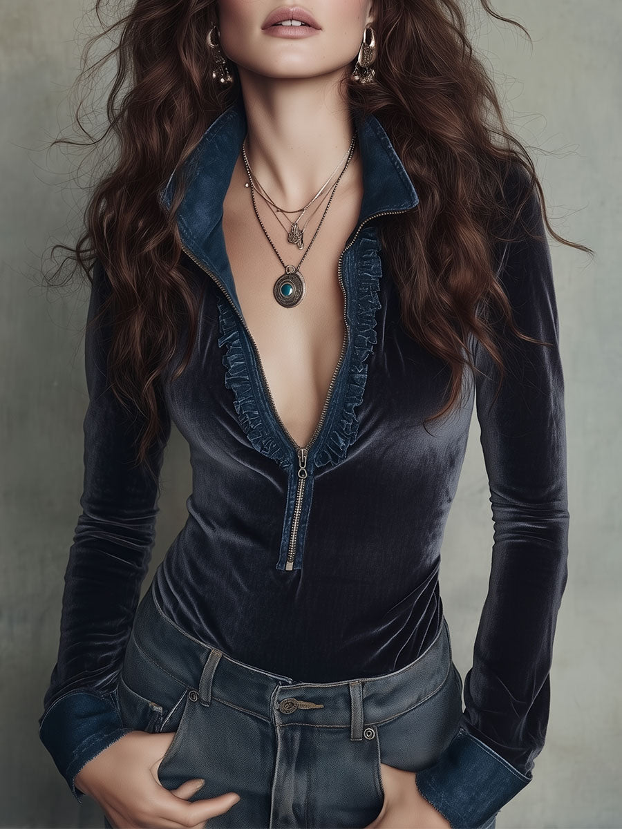Boho Navy Velvet Long Sleeve Zip-Front Blouse with Denim Ruffle Placket