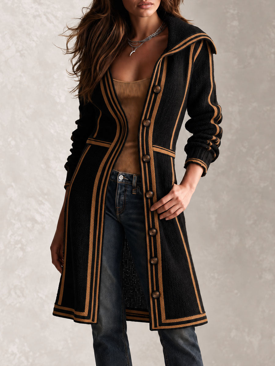 Retro Black Knit Long Tailored Cardigan Coat WithContrast Trim