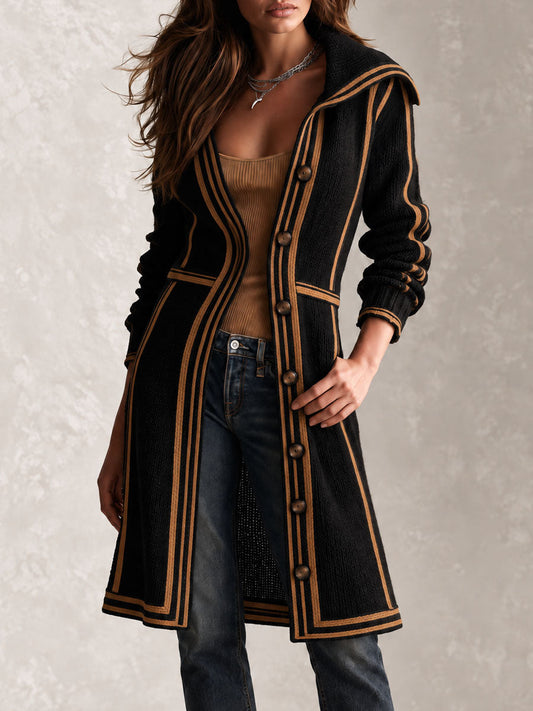 Retro Black Knit Long Tailored Cardigan Coat WithContrast Trim