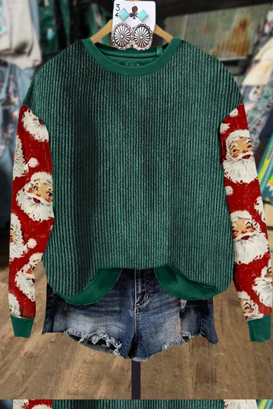 Christmas Santa Print Corduroy Patch Top