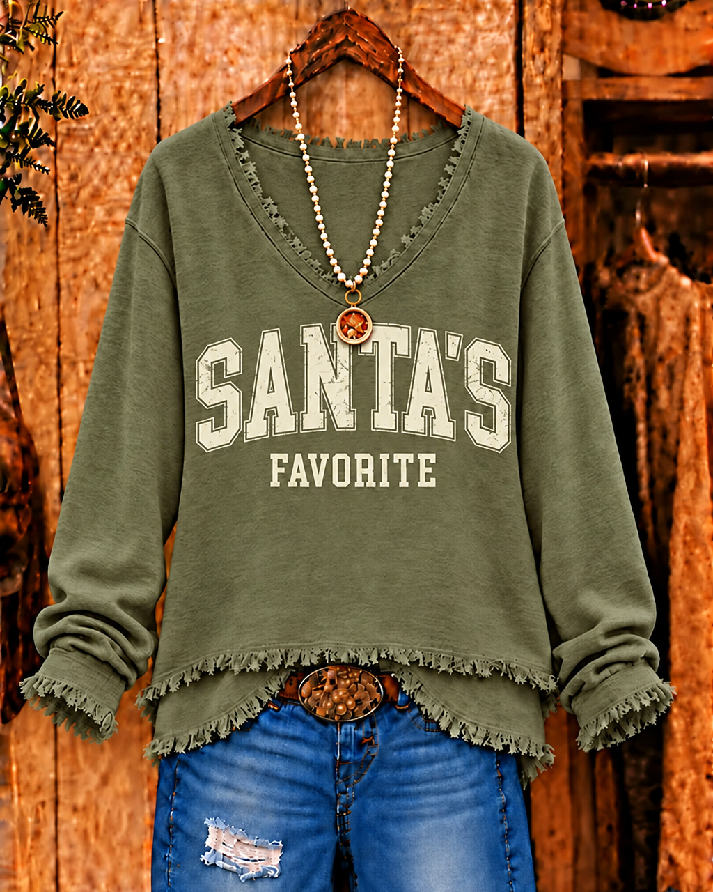 Christmas Solid Santa's Favorite V-Neck Frayed Hem Top