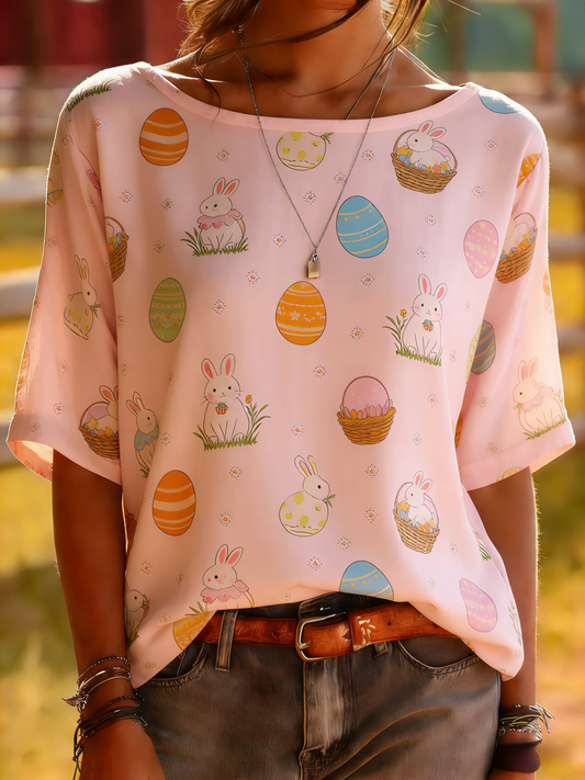 Pink Easter Bunny and Egg Basket Print Top - Spring Holiday Tee