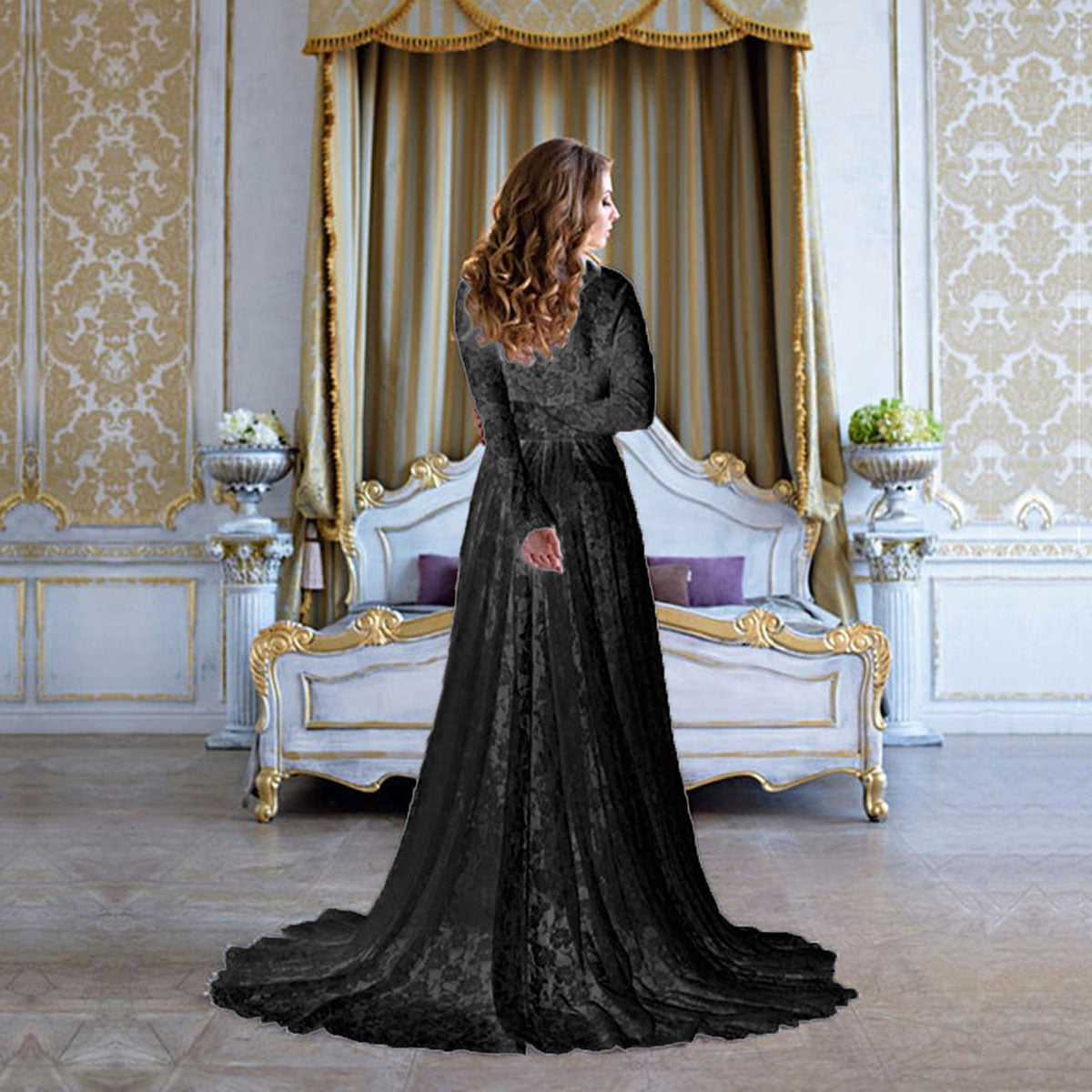 Maternity Photo Shoot Lace Sheer Open Front Maxi Robe