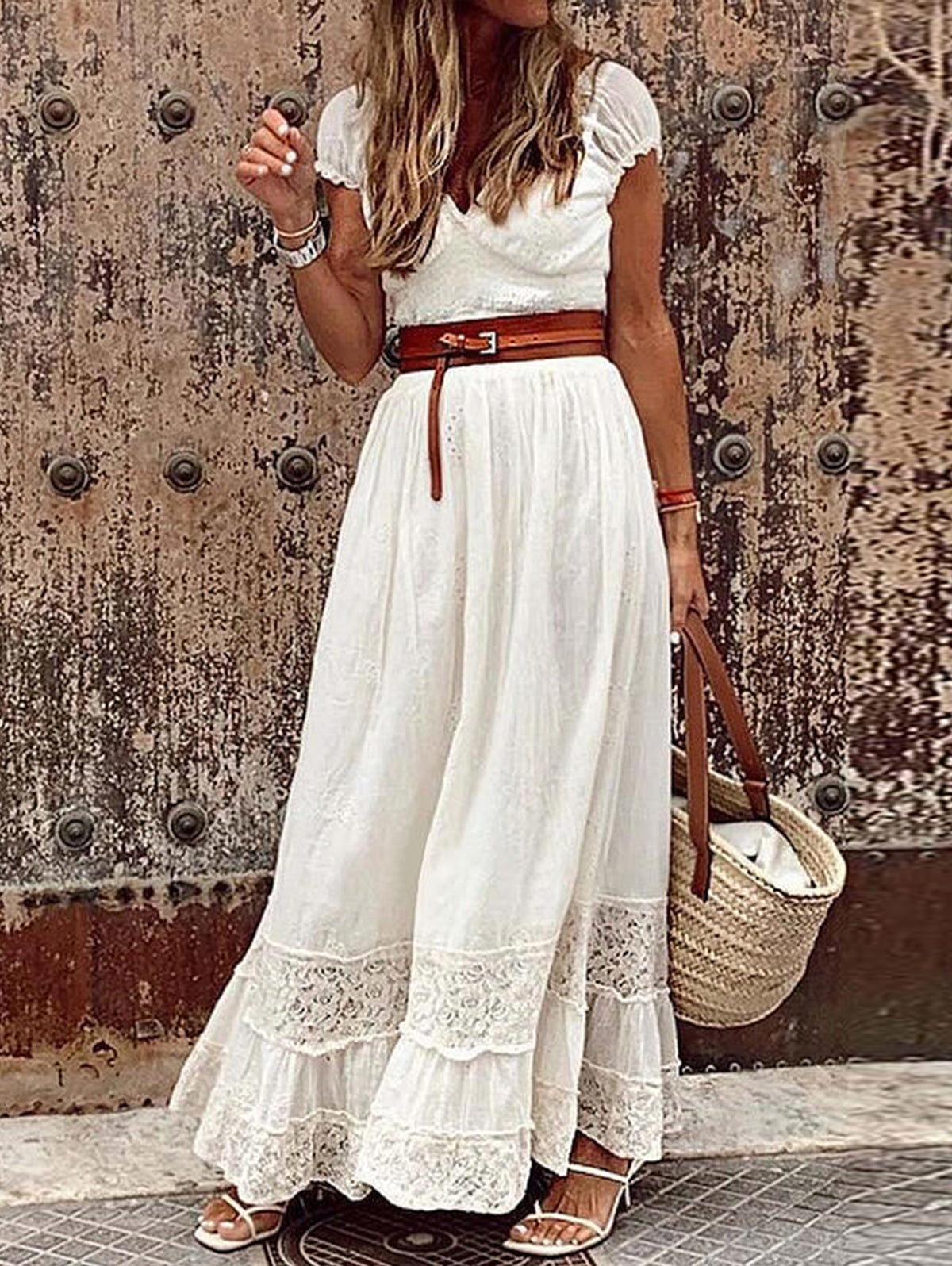 Elegant Plain V Neck Short Sleeve A Line Maxi Dress