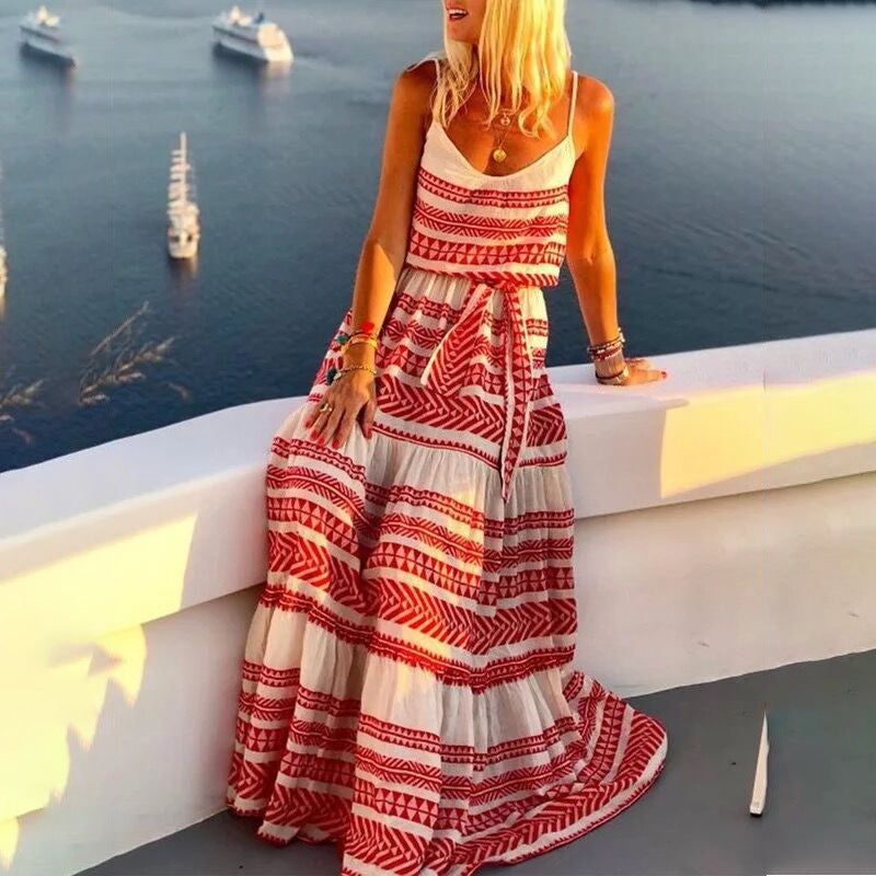 Boho Geometric Print V-Neck Spaghetti Strap Tiered Maxi Dress