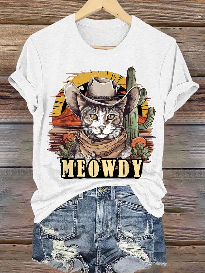 Women's Western Style Retro Cowboy Cat Printed Round Neck Short Sleeve T-Shirt