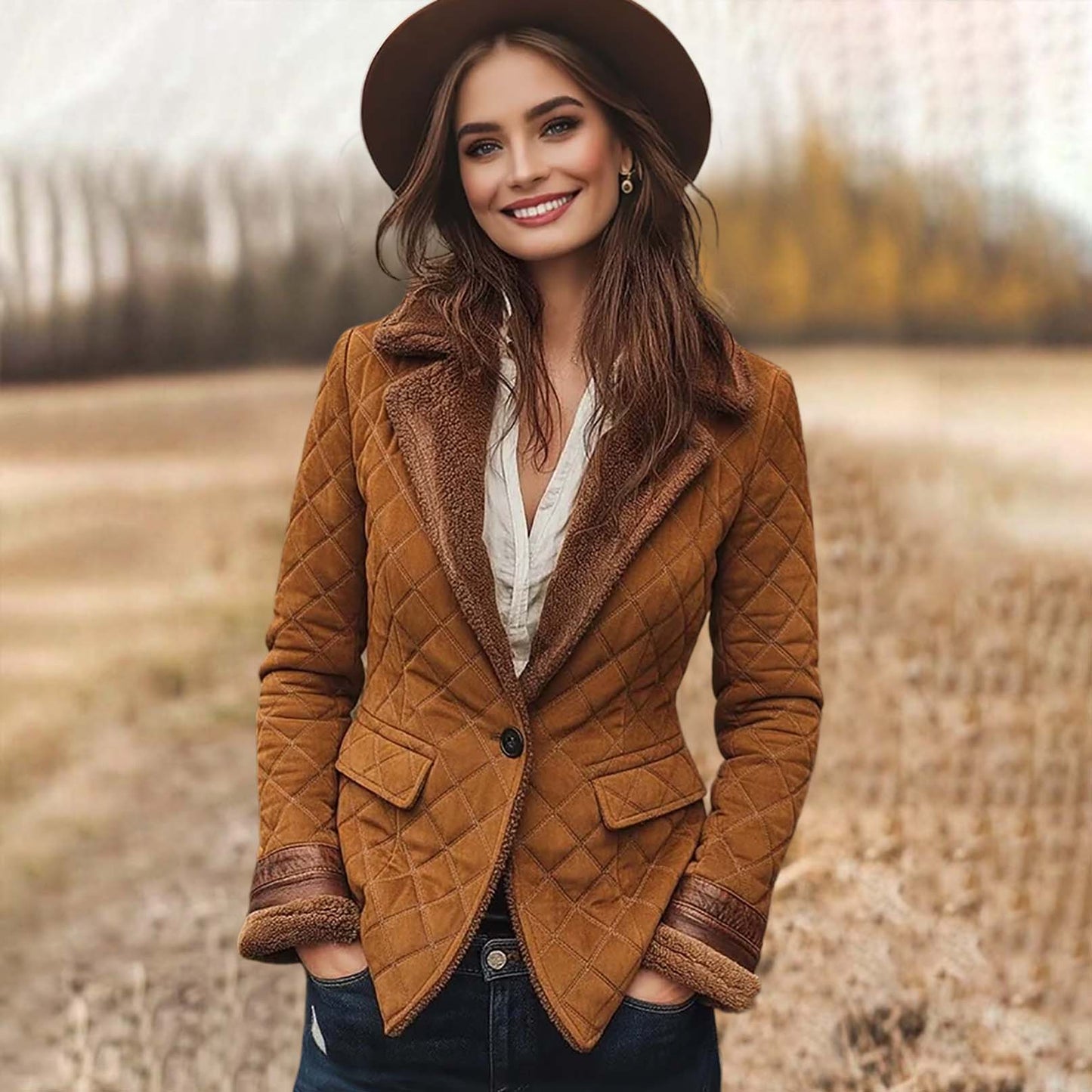 Women's Vintage Brown Quilted Suede Western Cowgirl Fleece Jacket