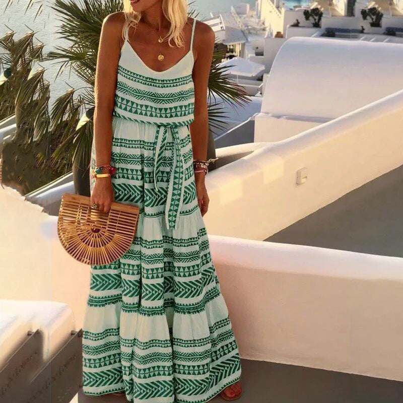 Boho Geometric Print V-Neck Spaghetti Strap Tiered Maxi Dress