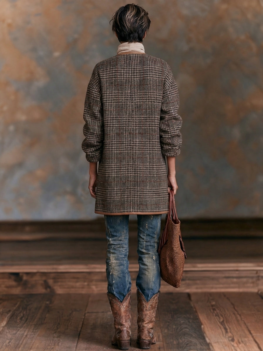 Women's Vintage-style Plaid Wool-blend Collarless Coat With Leather Trim