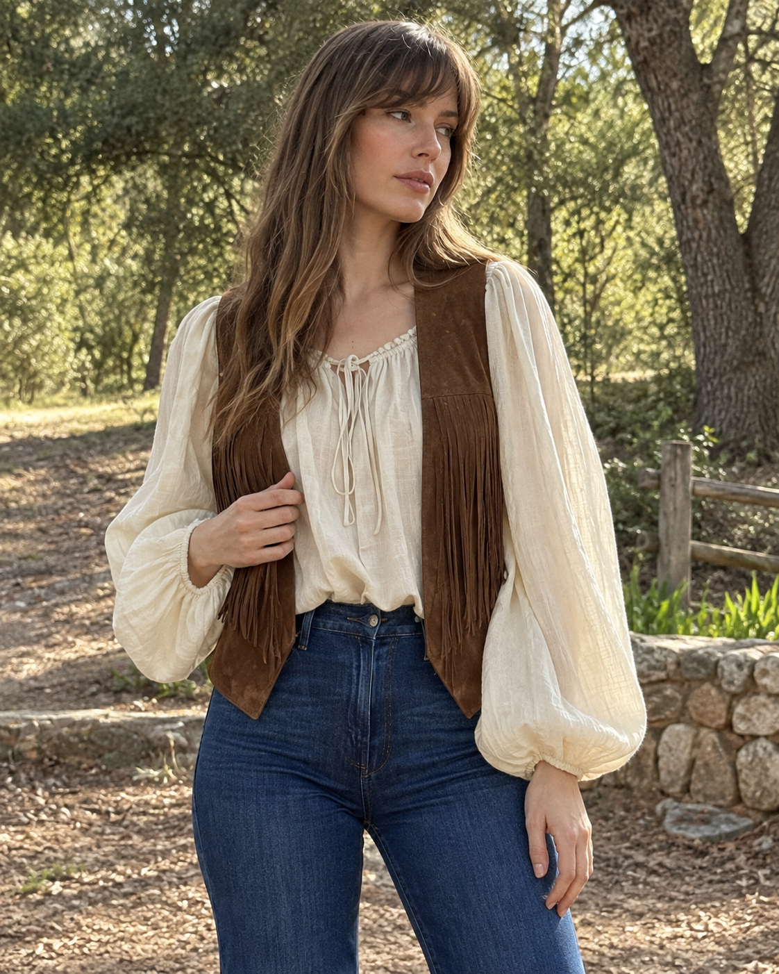 Cream Square Neck Tie Front Balloon Sleeve Boho Peasant Blouse