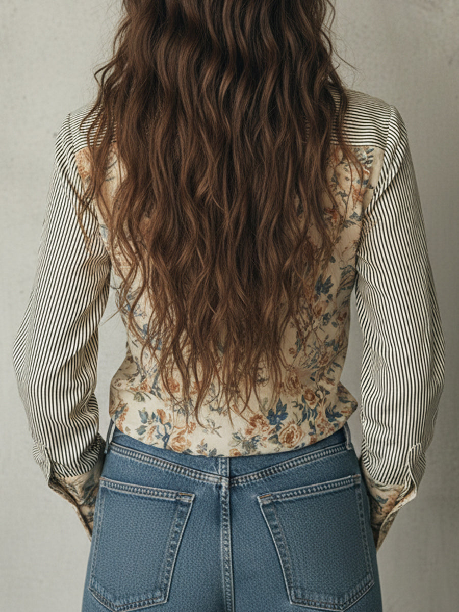 Vintage Striped Floral Print Long-sleeved Blouse