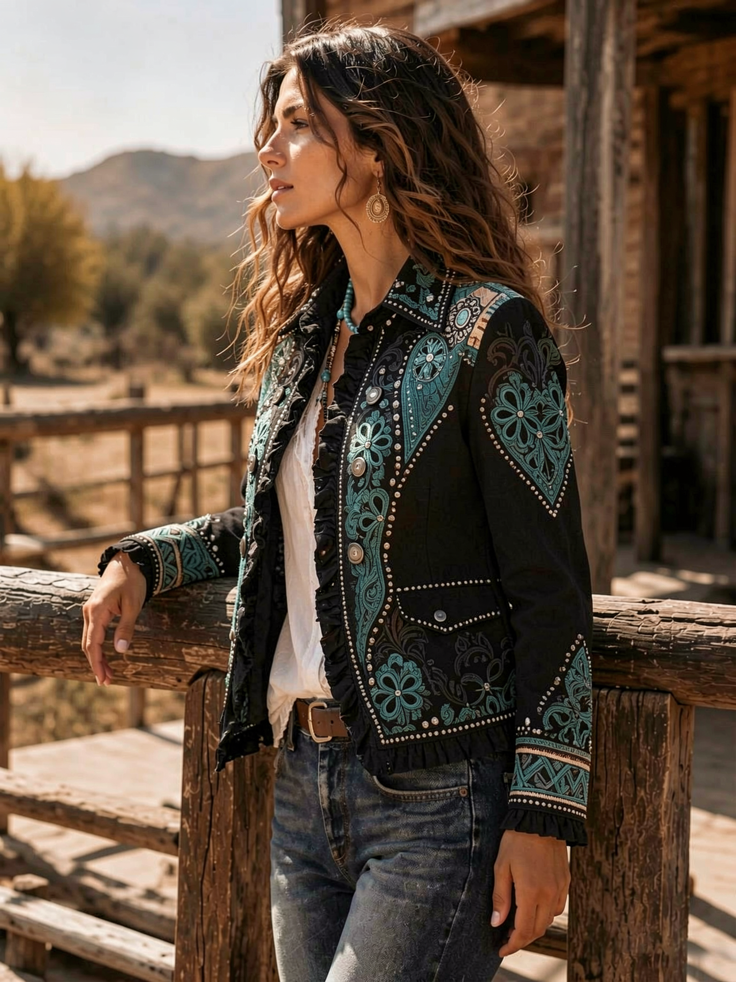 Black Turquoise Embroidered Ruffle Jacket