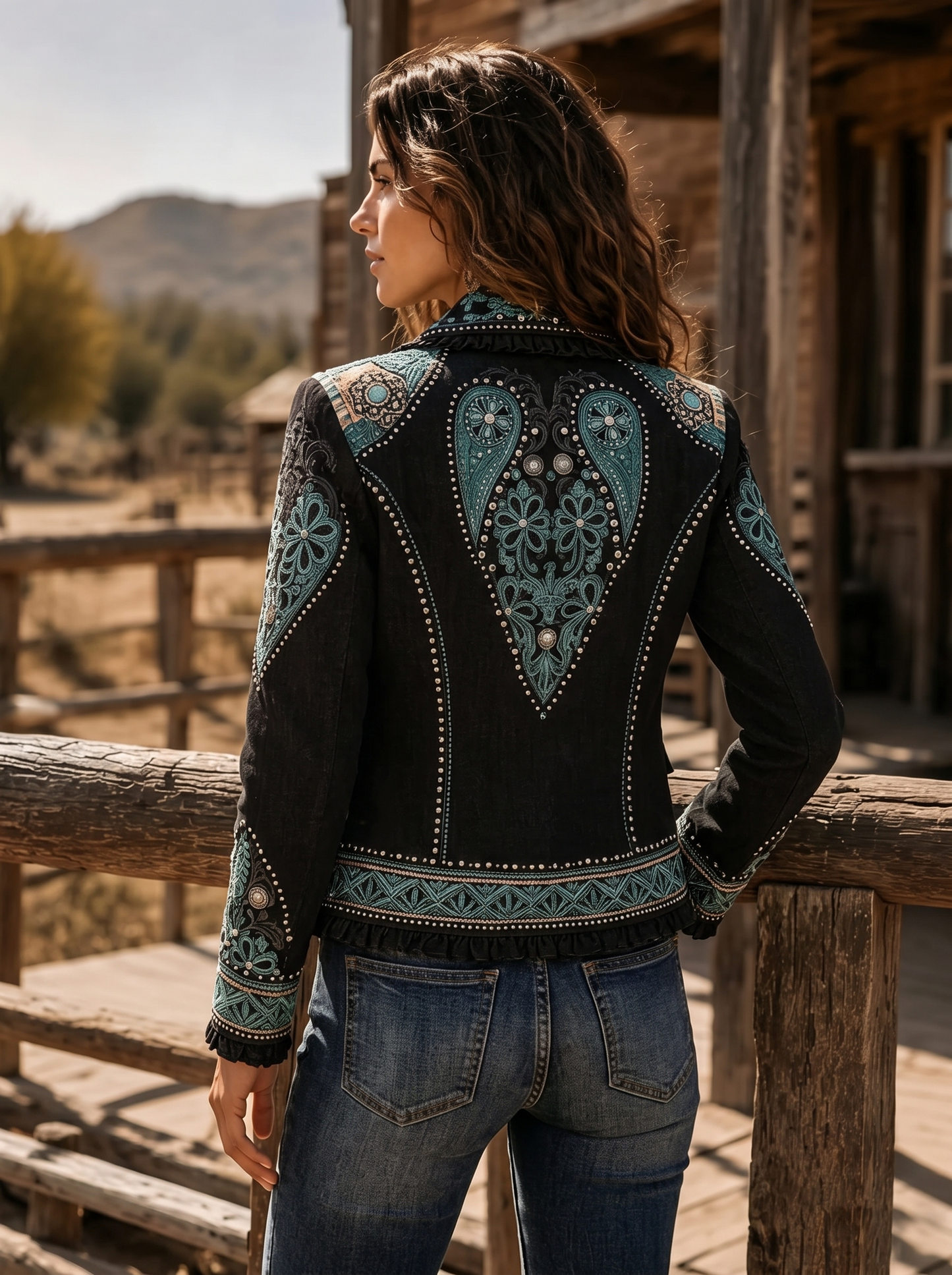 Black Turquoise Embroidered Ruffle Jacket