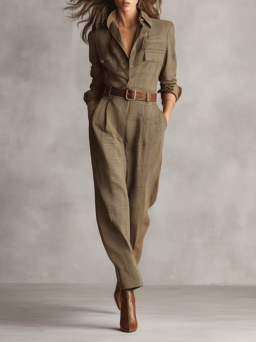 Women's Brown Sophisticated Tweed - Texture Plaid Utility Jumpsuit (without belt)