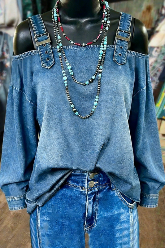 Solid Off Shoulder Long Sleeve Denim Top