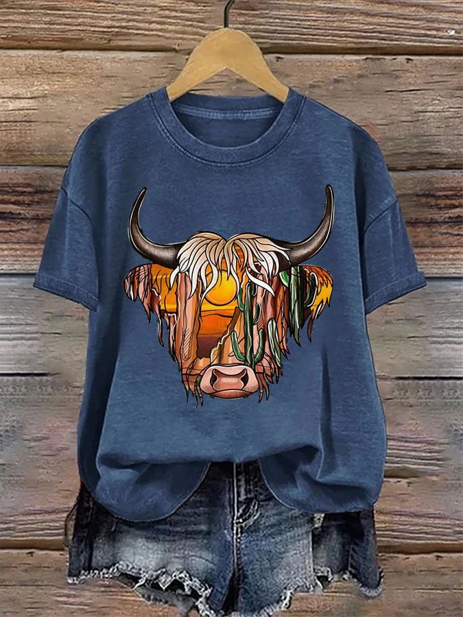 Women's Western Highland Cow Print Casual T-shirt