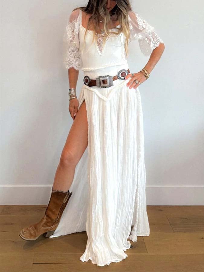 Women'S Casual Vacation Dress With Lace Splicing And High Slit