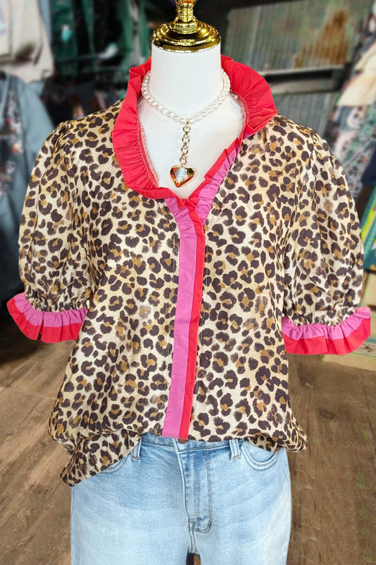 Leopard Print Ruffle Neck Puff Sleeve Top