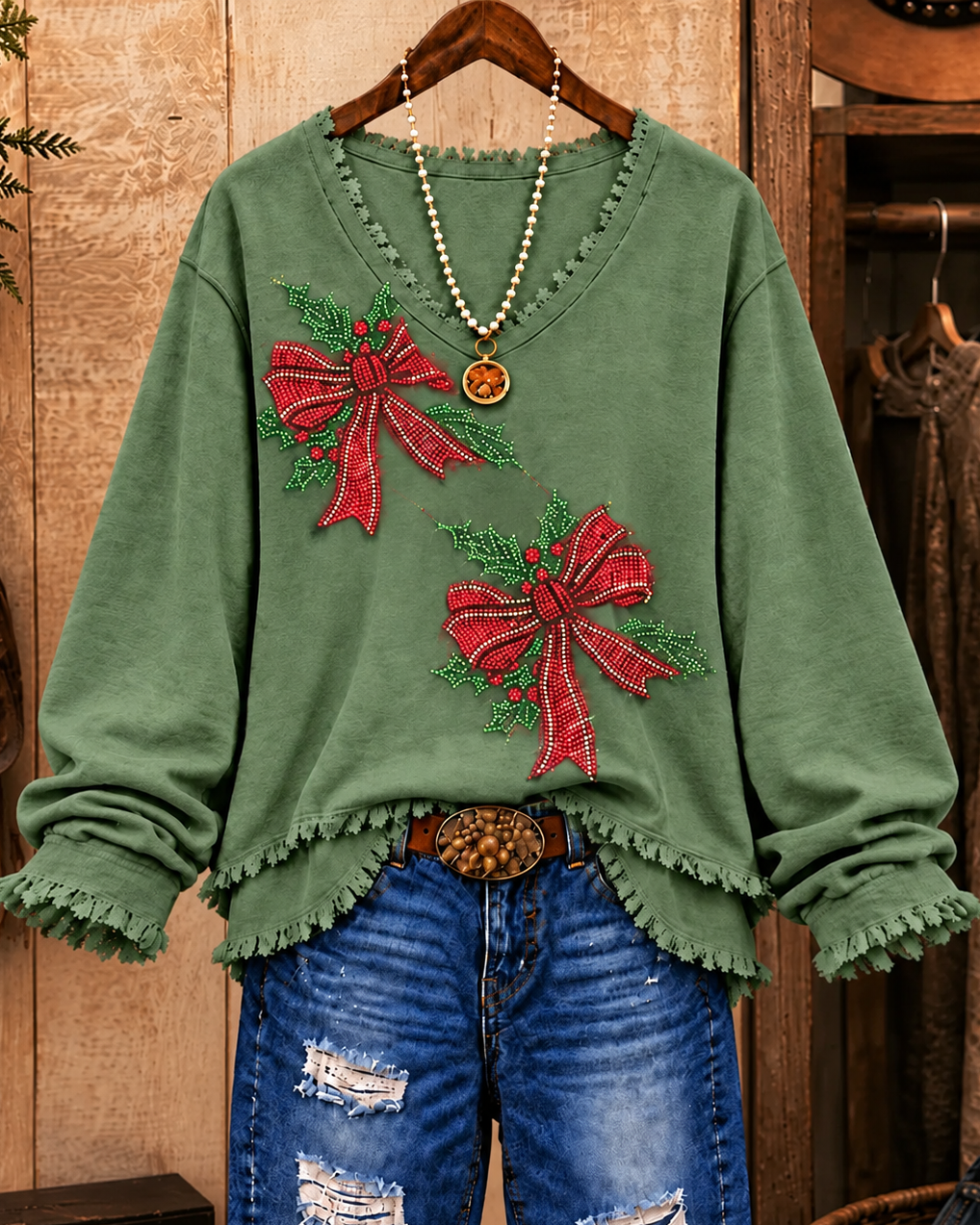 Christmas Bow Rhinestone V-Neck Frayed Hem Sweatshirt