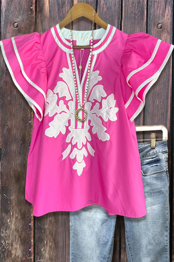 Embroidered Split Neck Flutter Sleeve Top