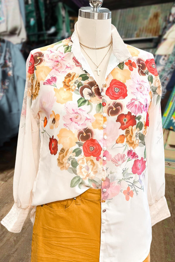 Elegant Floral Print Button Detailed Blouse