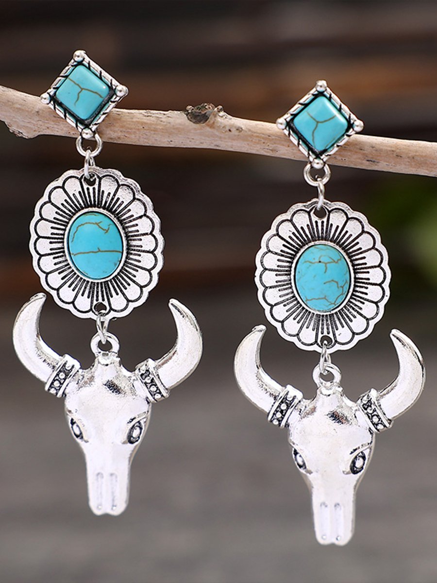 Vintage Western Bull Head Turquoise Earrings