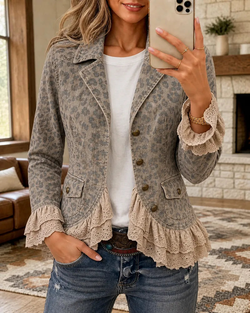 Leopard Print Notched Lapel Ruffle Trim Denim Jacket