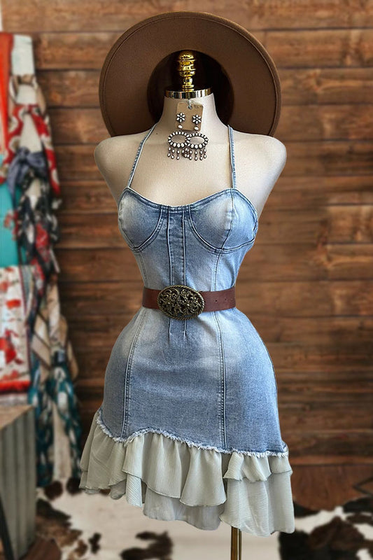 Washed Ruffle Denim Mini Dress